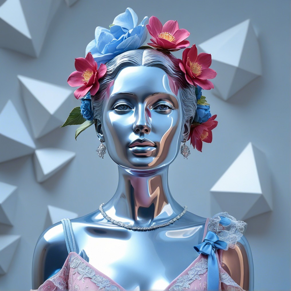 Elegant Chrome Mannequin with Floral Crown and Gown
