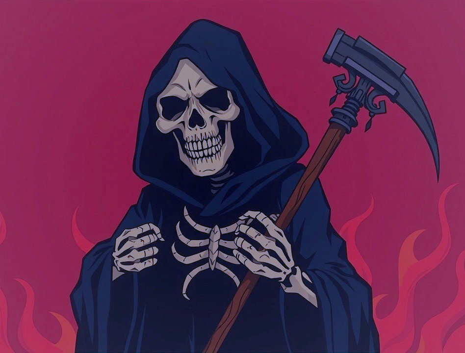 Skeletal Figure in Cloak with Scythe and Flames Background