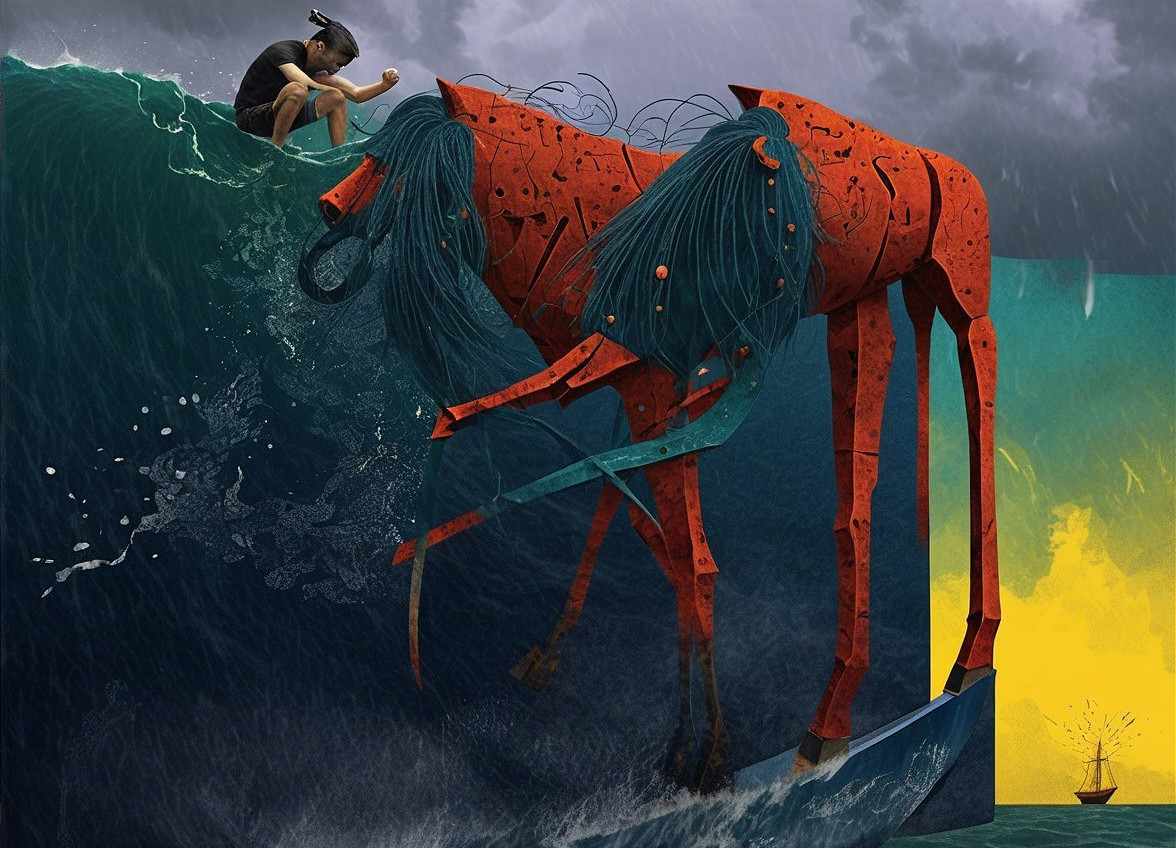 Surreal Digital Artwork of a Giant Red Horse and Waves