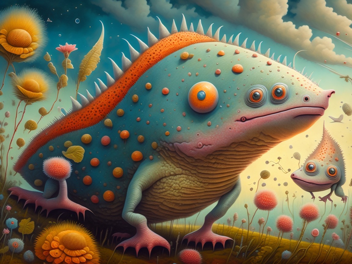 Whimsical Landscape with Colorful Amphibian Creatures