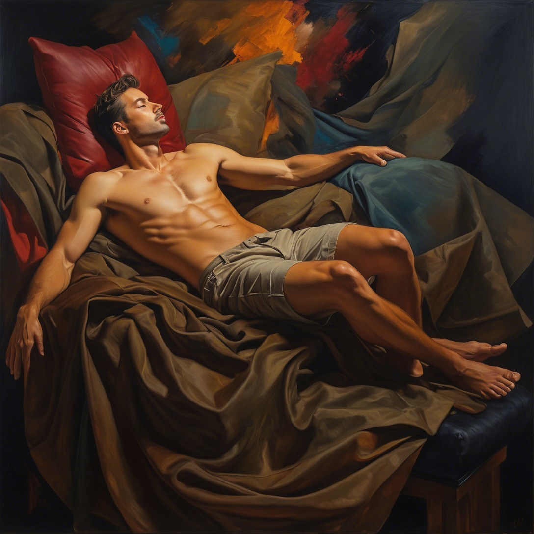 Muscular Man Relaxing on Textured Fabrics