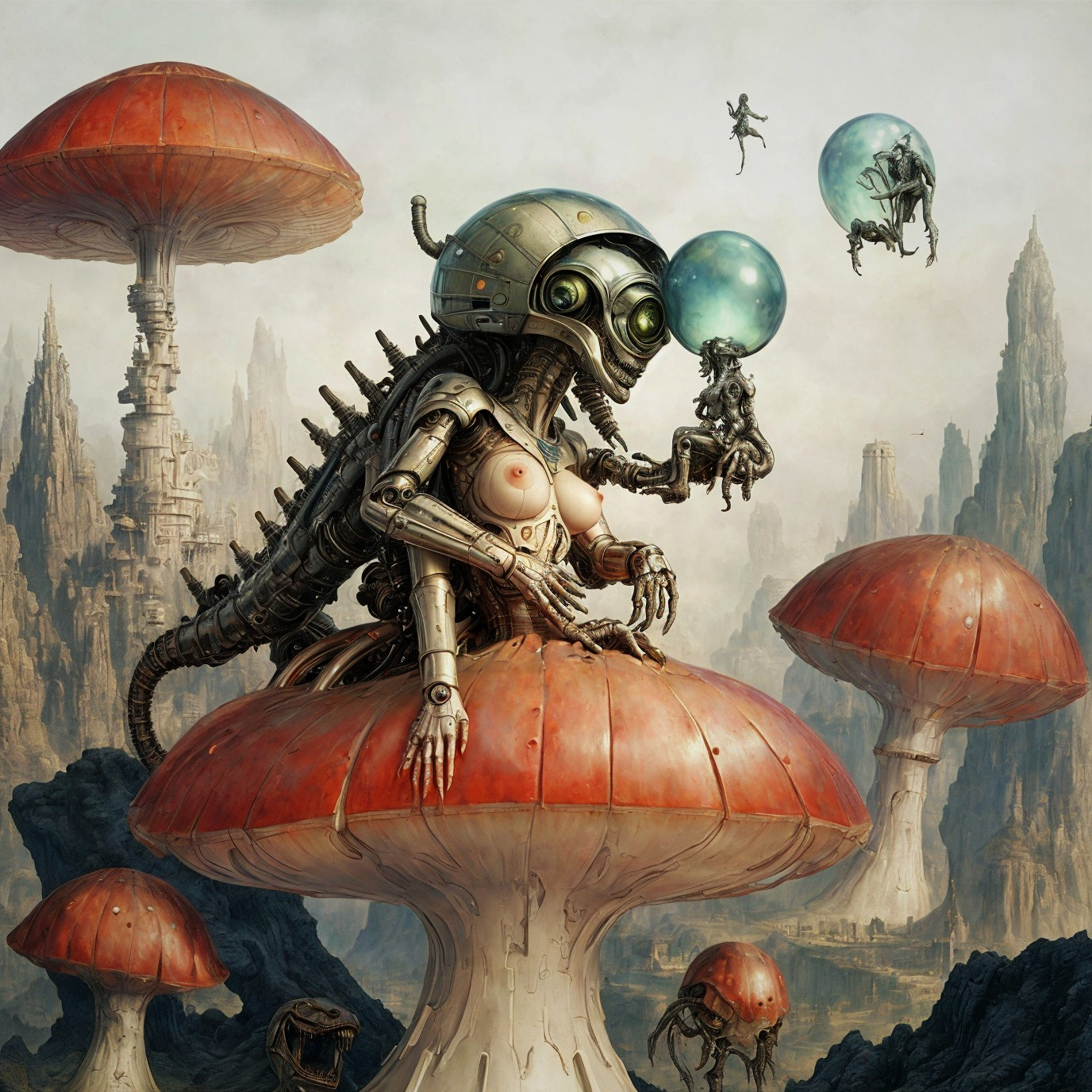 Surreal Scene of a Robotic Alien on a Mushroom