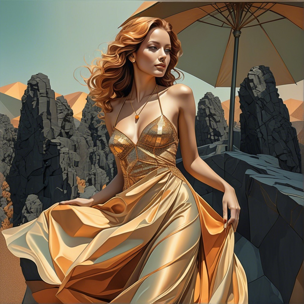 Elegant Woman in Golden Gown on Rocky Outcrop