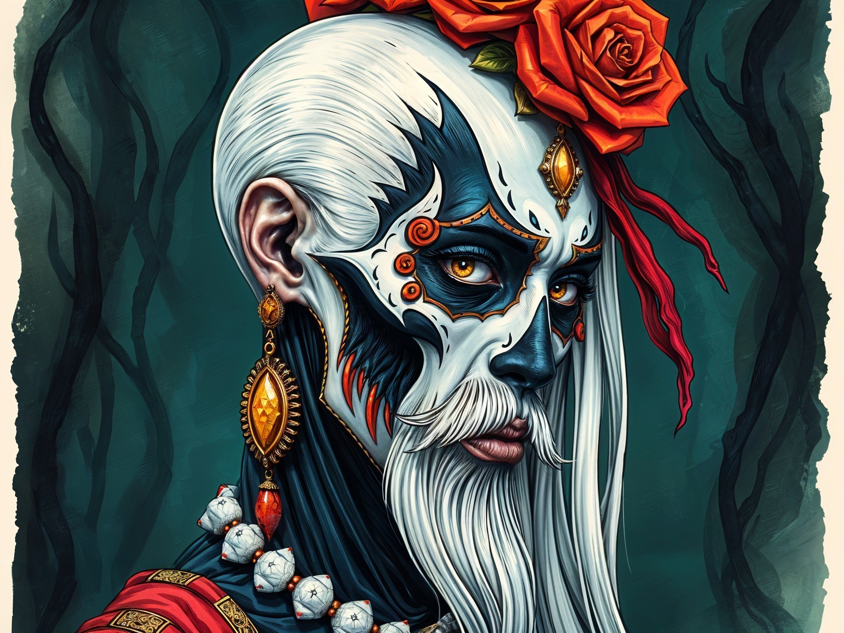 Skull-faced figure with flowers in a mystical forest