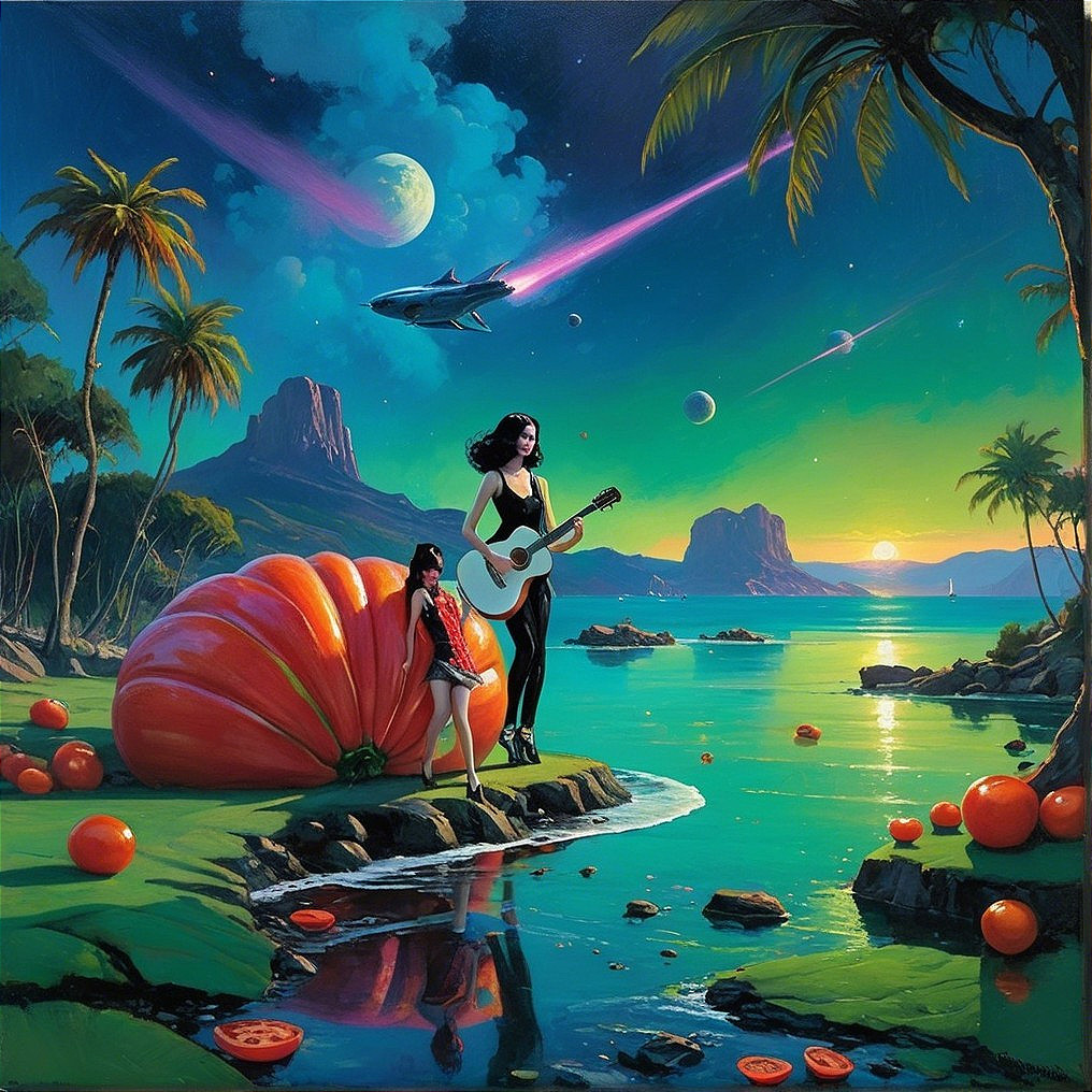 Surreal Landscape with Women, Pumpkin, and Twilight Sky