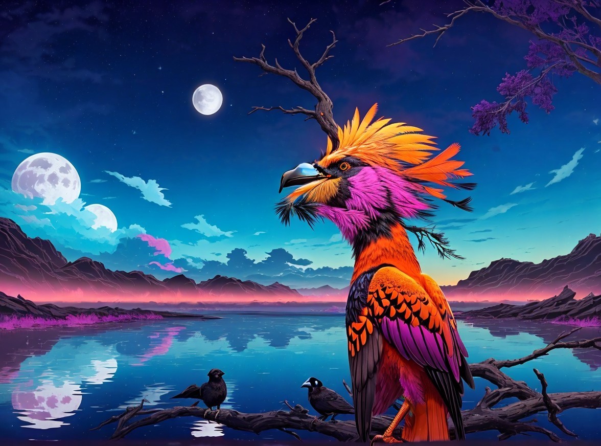 Surreal Landscape with Colorful Bird by Serene Lake