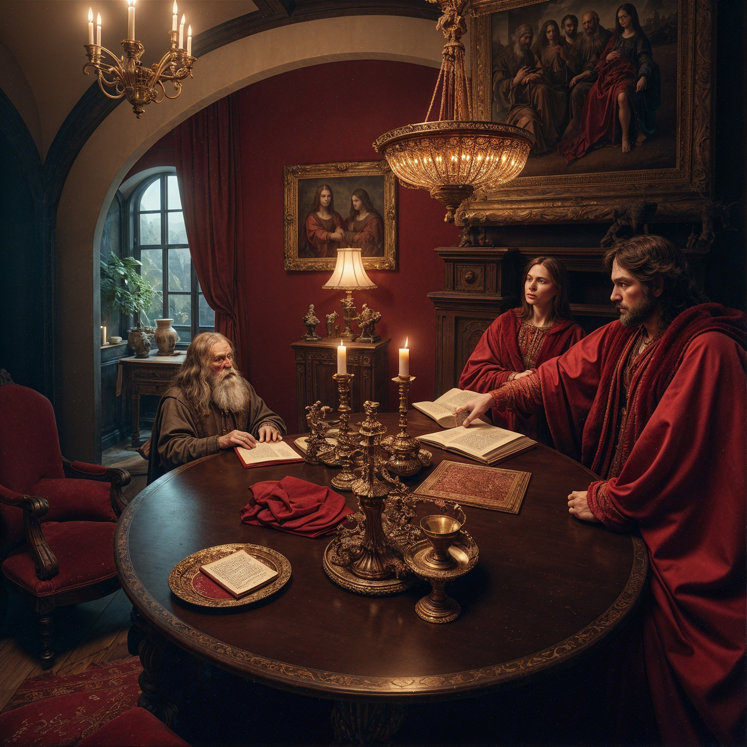 Gathering in a Decorated Room with Ancient Books