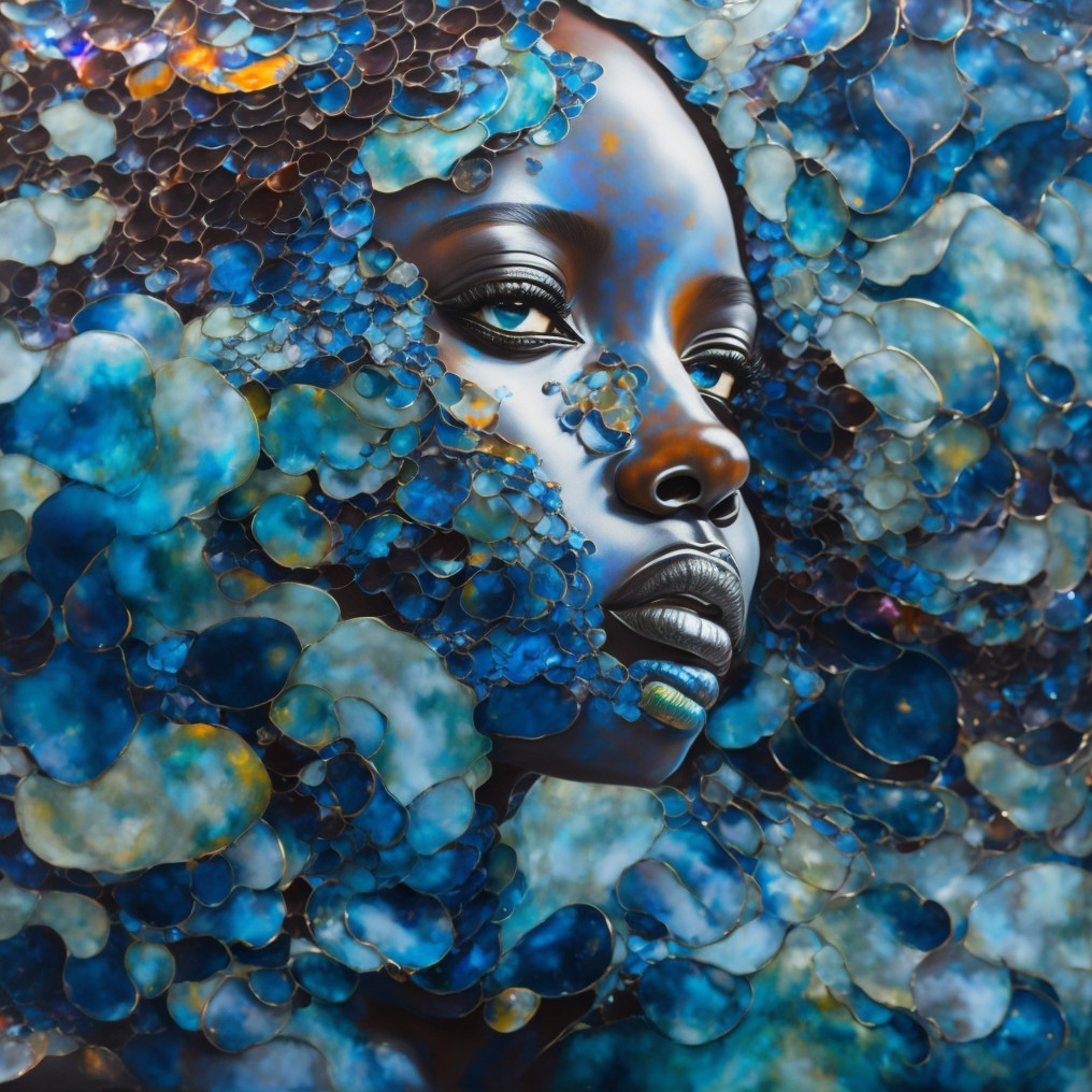 Portrait of a woman amid blue and teal abstract shapes