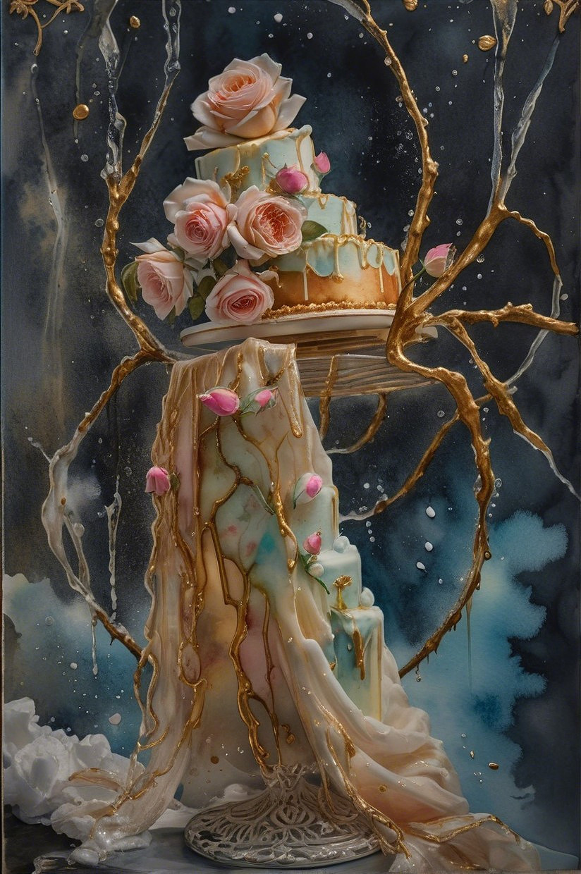 Elegant Cake with Pastel Roses and Gold Accents