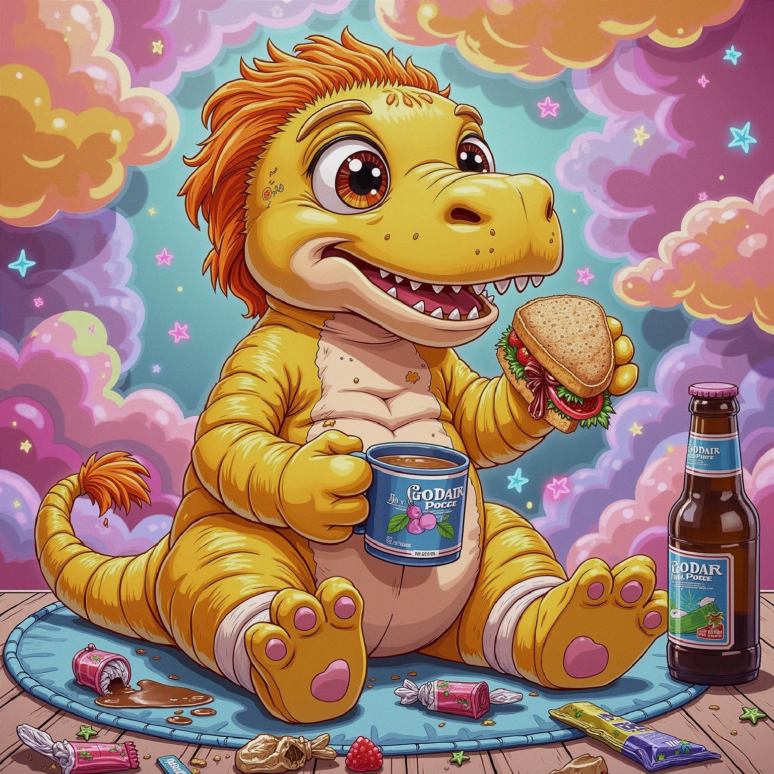 Cartoon Dinosaur Enjoying Snacks on Colorful Rug