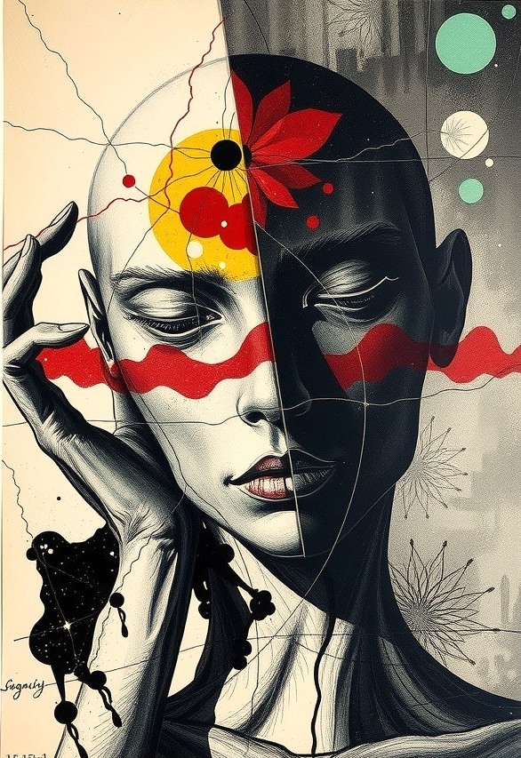 Stylized Human Face with Contrasting Halves and Colors