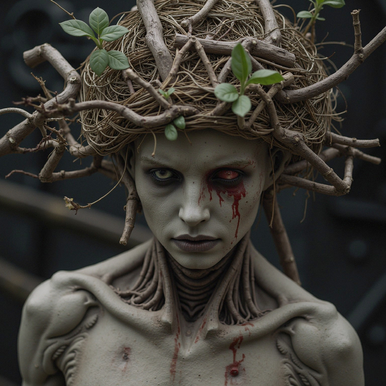 Close-Up of Zombie Woman with Twigs and Bloodstains