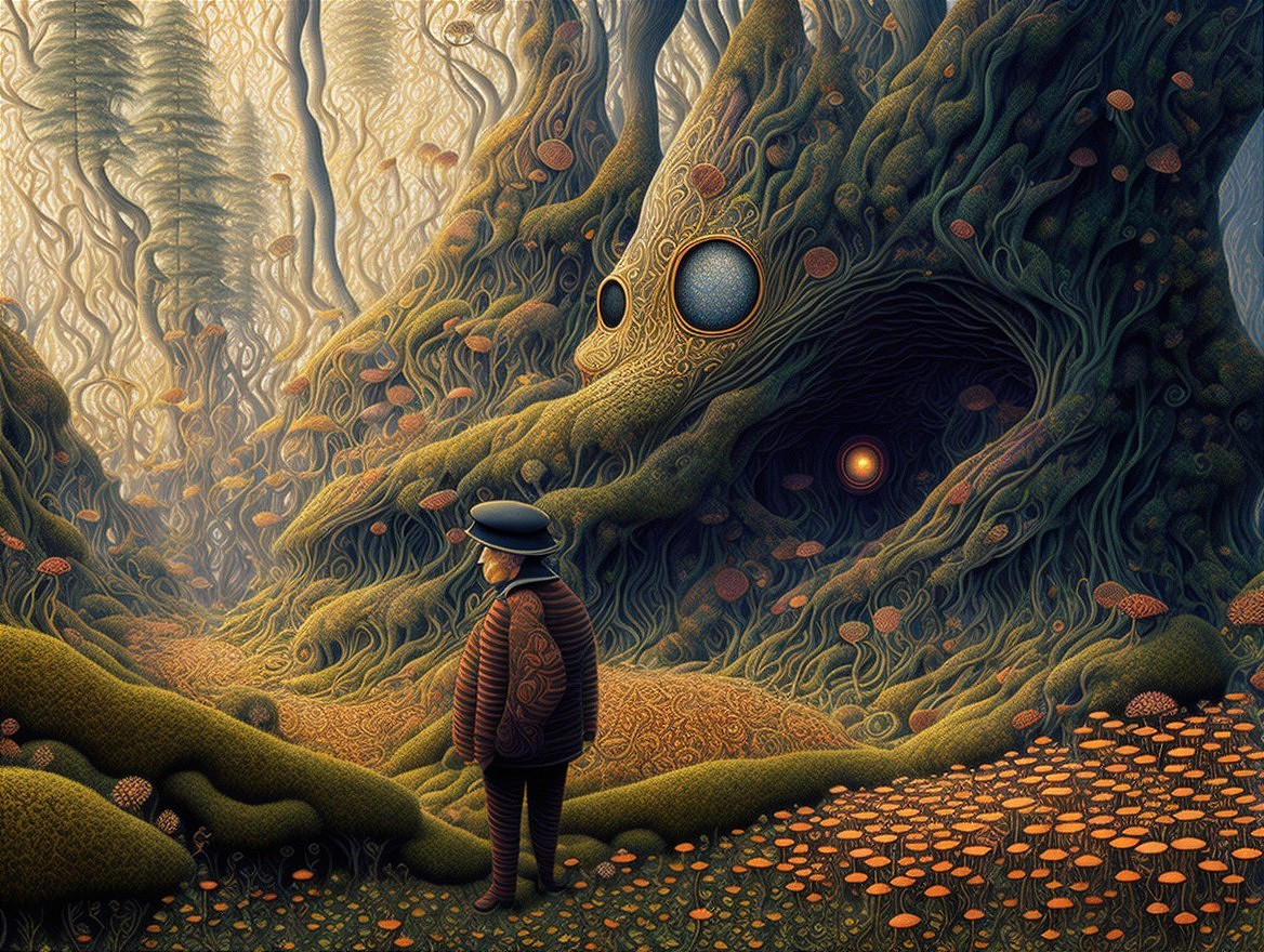 Whimsical Forest with Glowing Tree and Vibrant Mushrooms