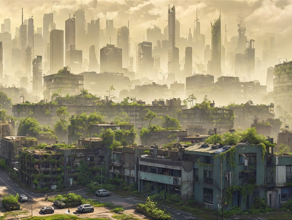 Urban Decay and Nature's Reclamation in a Cityscape