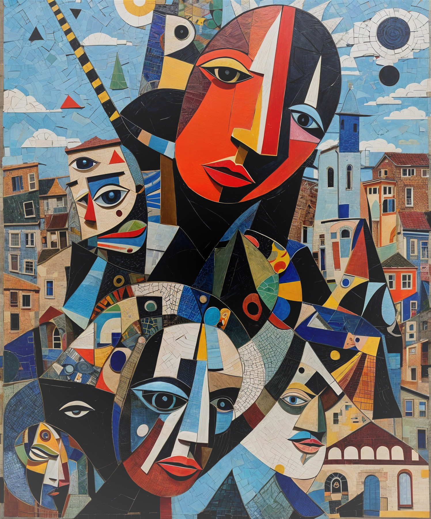 Vibrant Abstract Collage of Faces and Architecture
