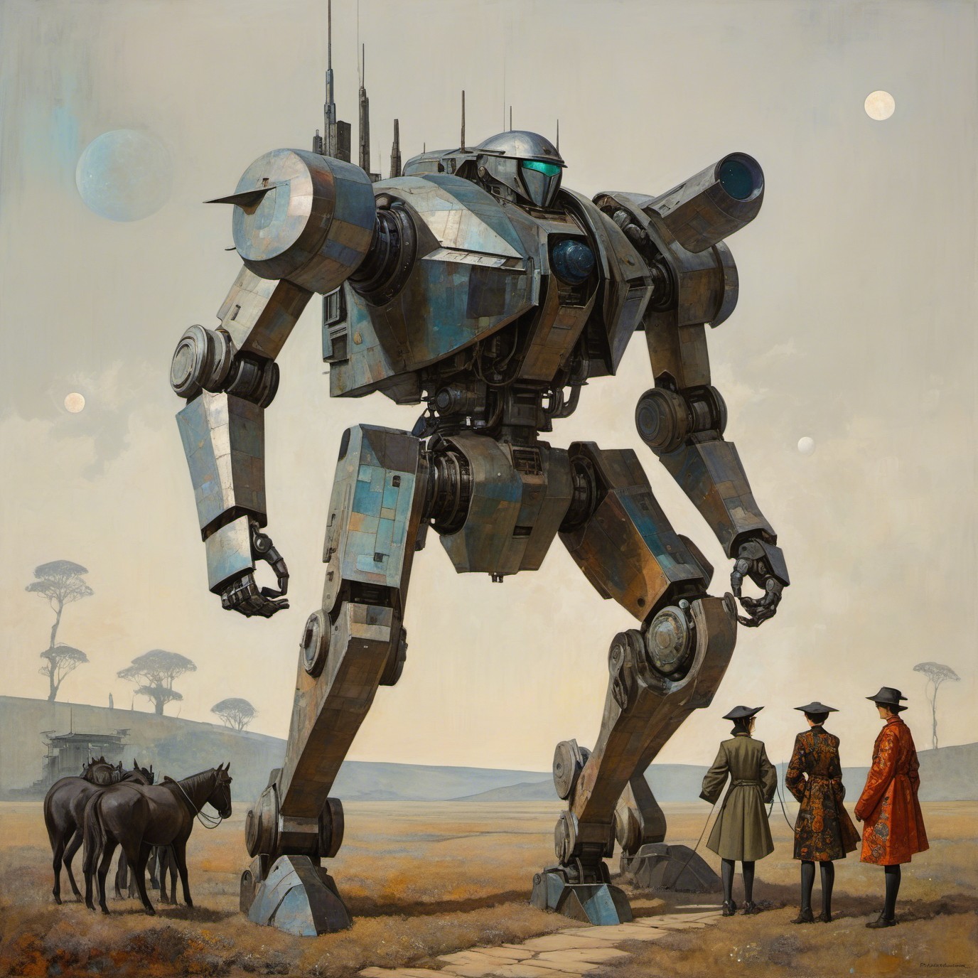 Realistic Painting of a Greyish-Blue Robot in Field