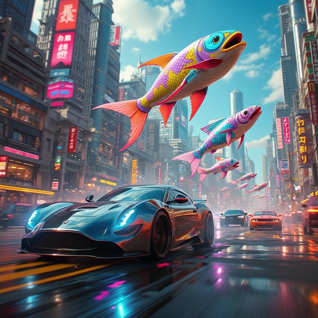 Vibrant Cityscape with Sports Car and Floating Fish