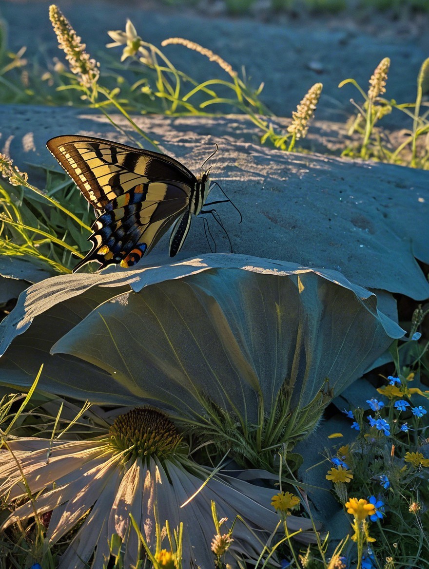 Butterfly on Green Leaves in Wildflower Meadow