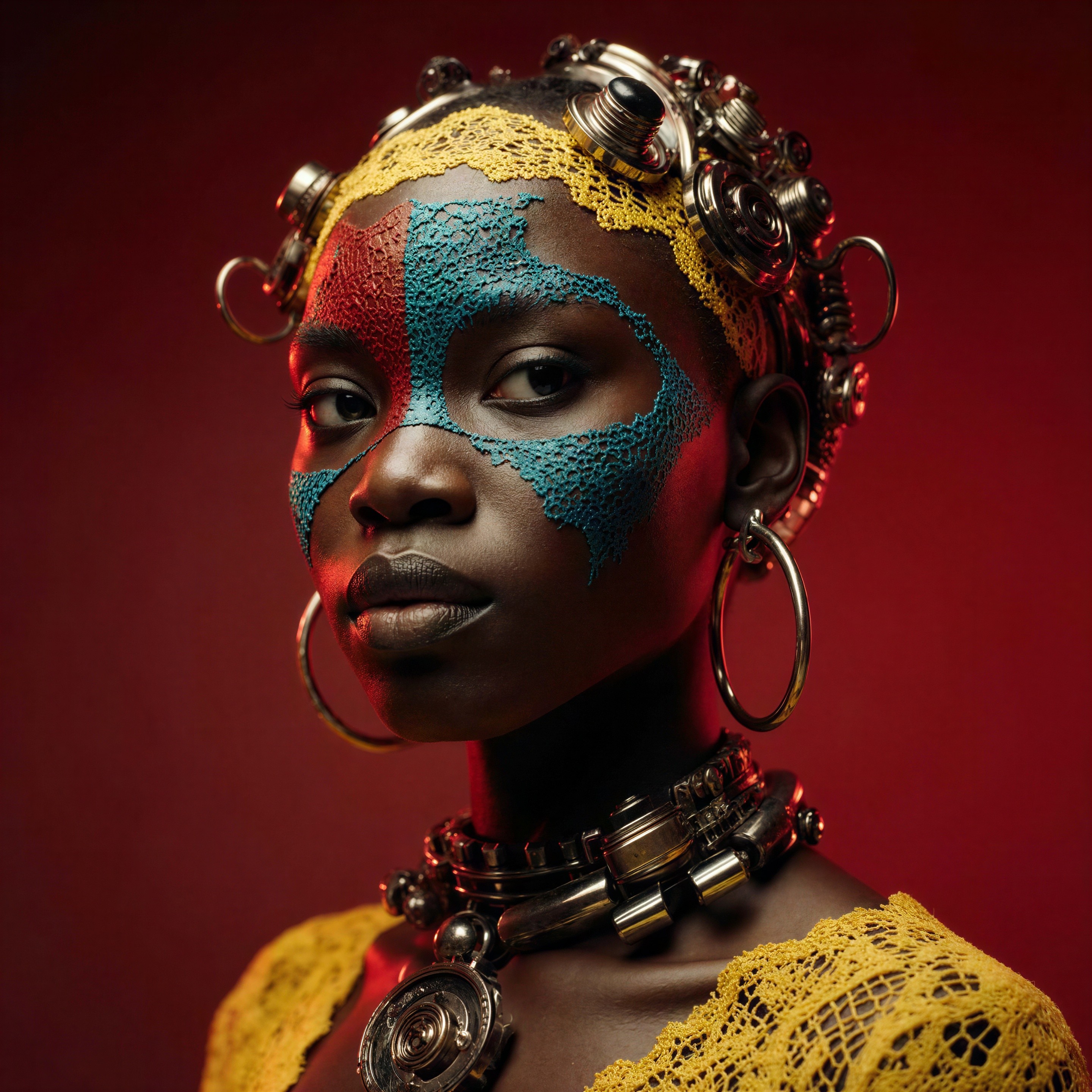 Portrait of a young woman with tribal face paint and jewelry
