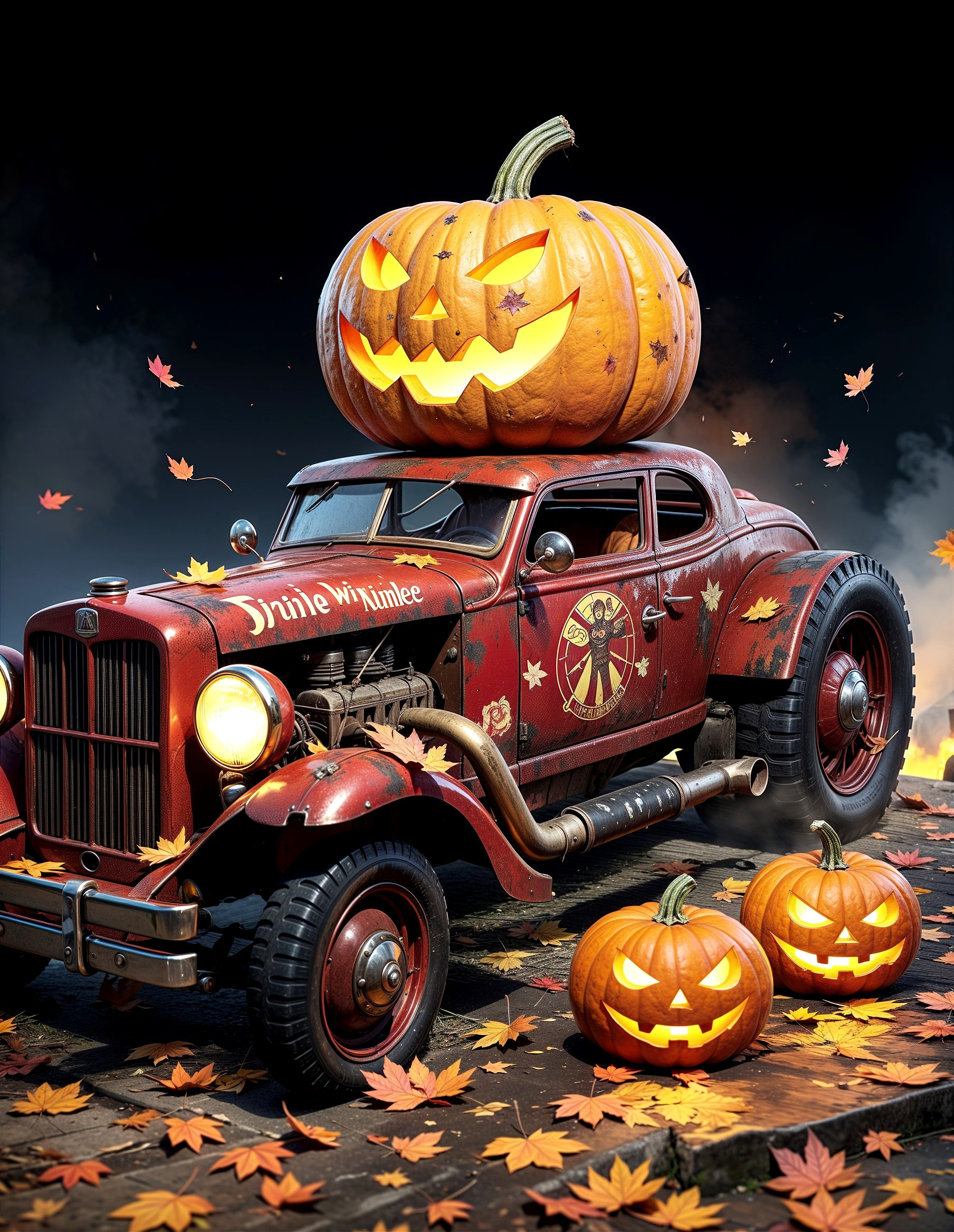 Old Distressed Red Hotrod with Glowing Jack-o'-lanterns