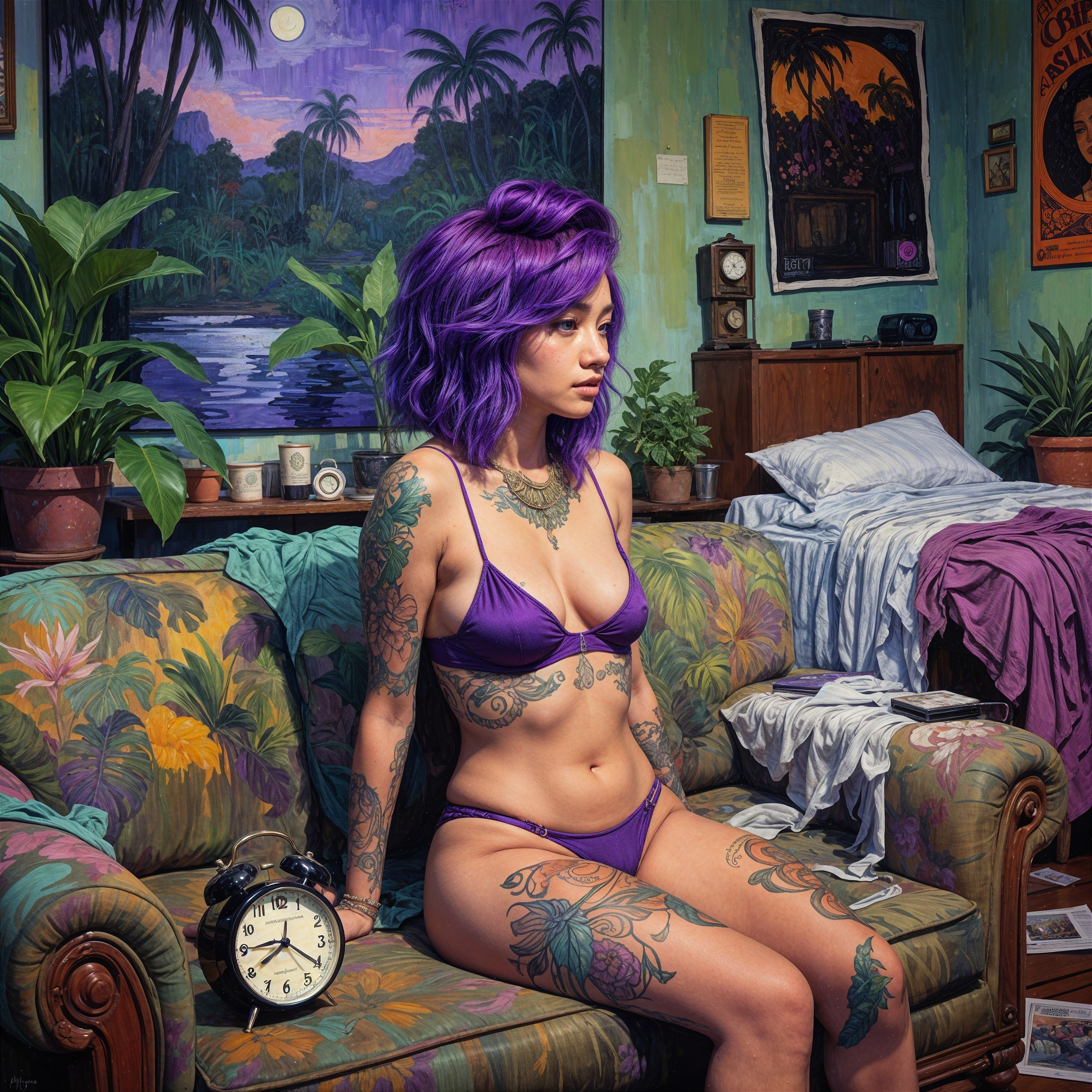 Woman with purple hair on tropical-patterned couch