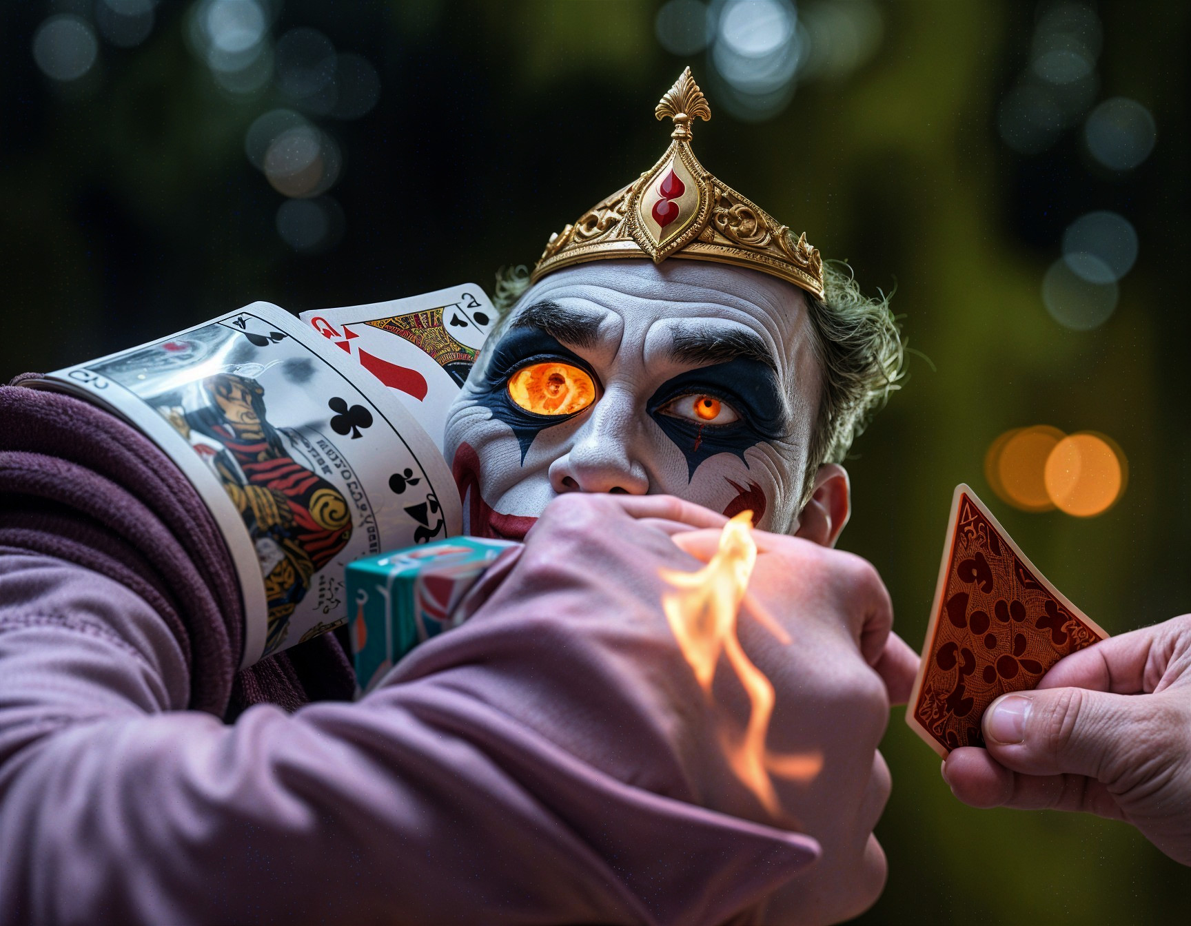 Sinister jester with glowing eye and playing cards
