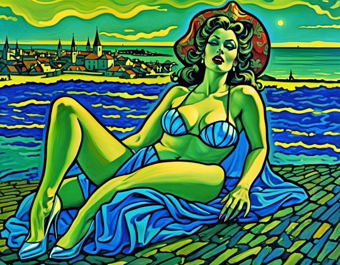Vibrant Artwork of Woman by the Sea with Unique Colors