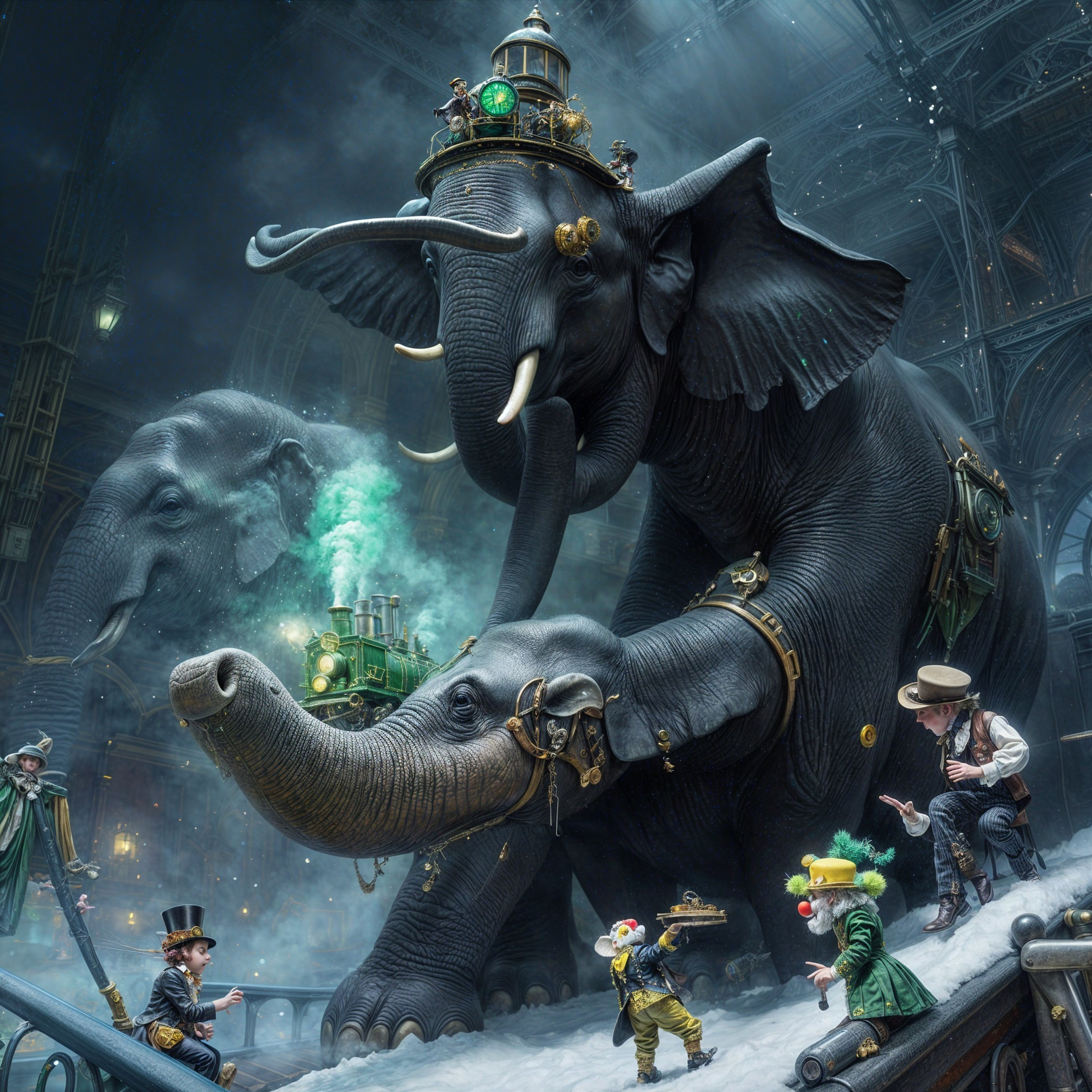 Majestic Elephants in a Steam-Powered Fantasy Scene