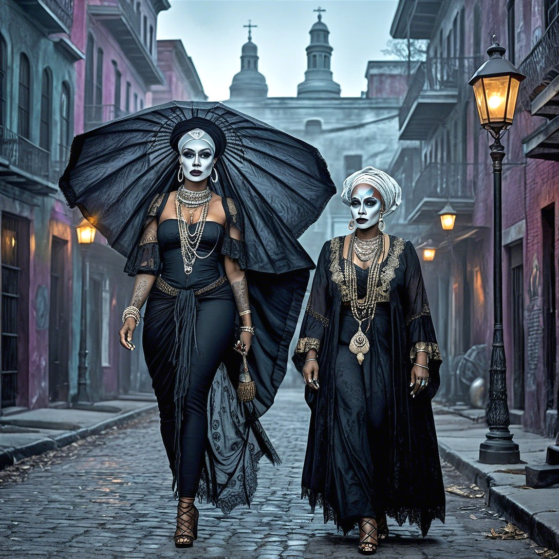 Elegantly Dressed Individuals on Cobblestone Street