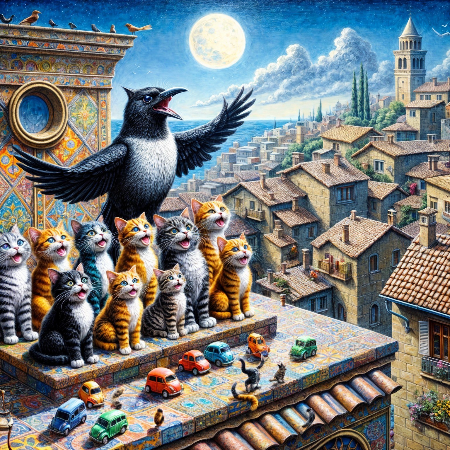 Whimsical Scene of Bird, Cats, and Moonlit Town