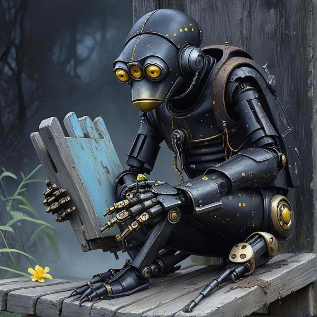 Steampunk Robot with Flower and Book on Platform