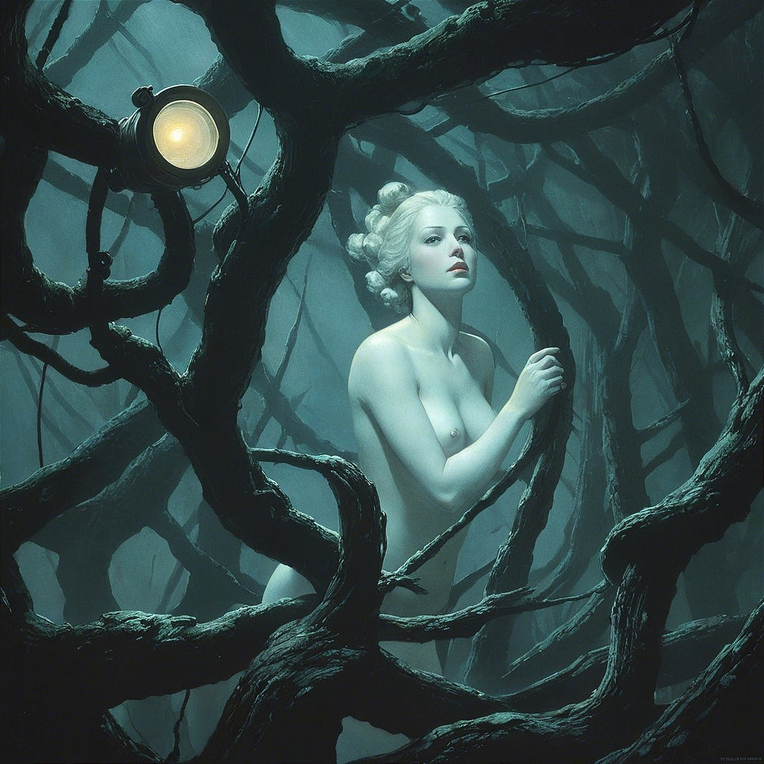 Nude Figure in a Dimly Lit Forest with Lantern