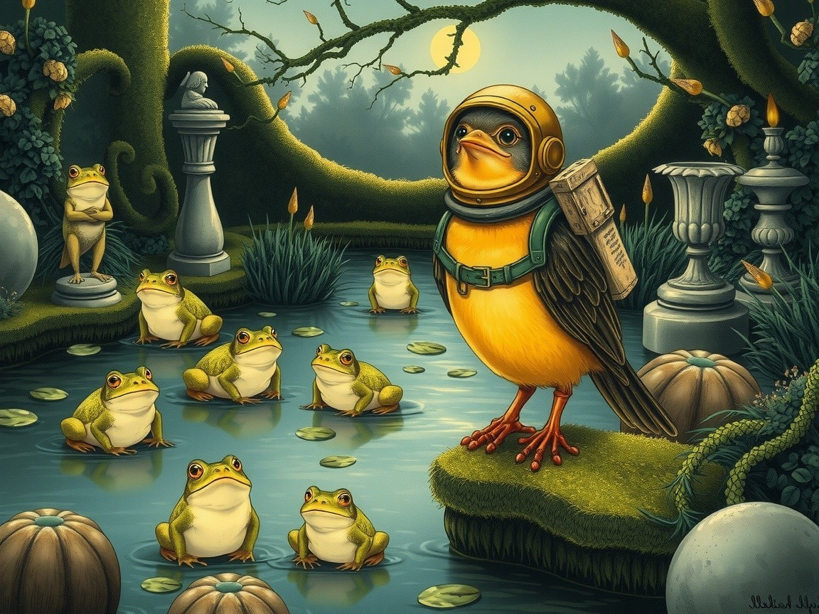 Cheerful Bird in Space Helmet Among Frogs and Lily Pads