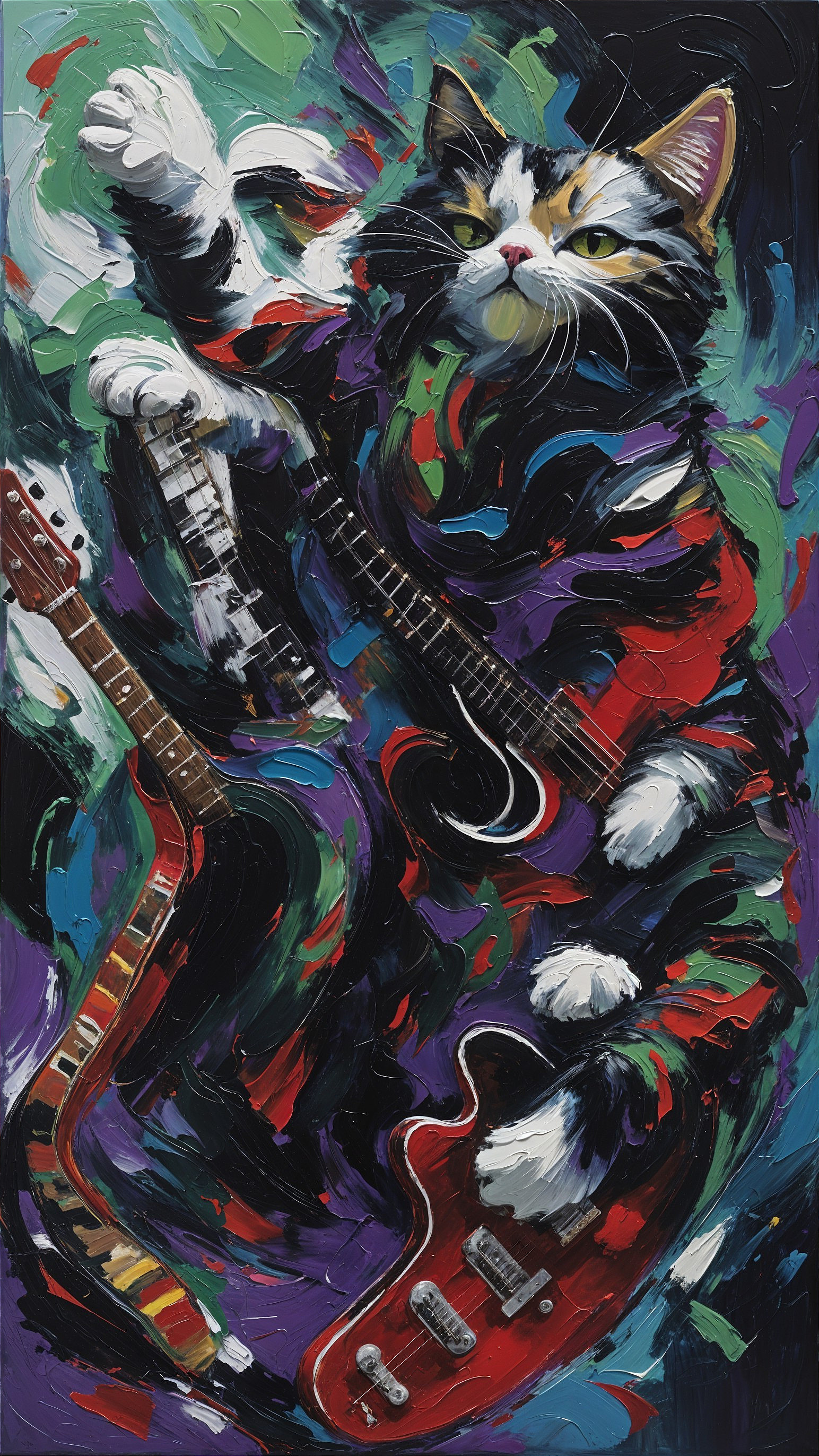 Abstract Painting of a Cat Playing Electric Guitars
