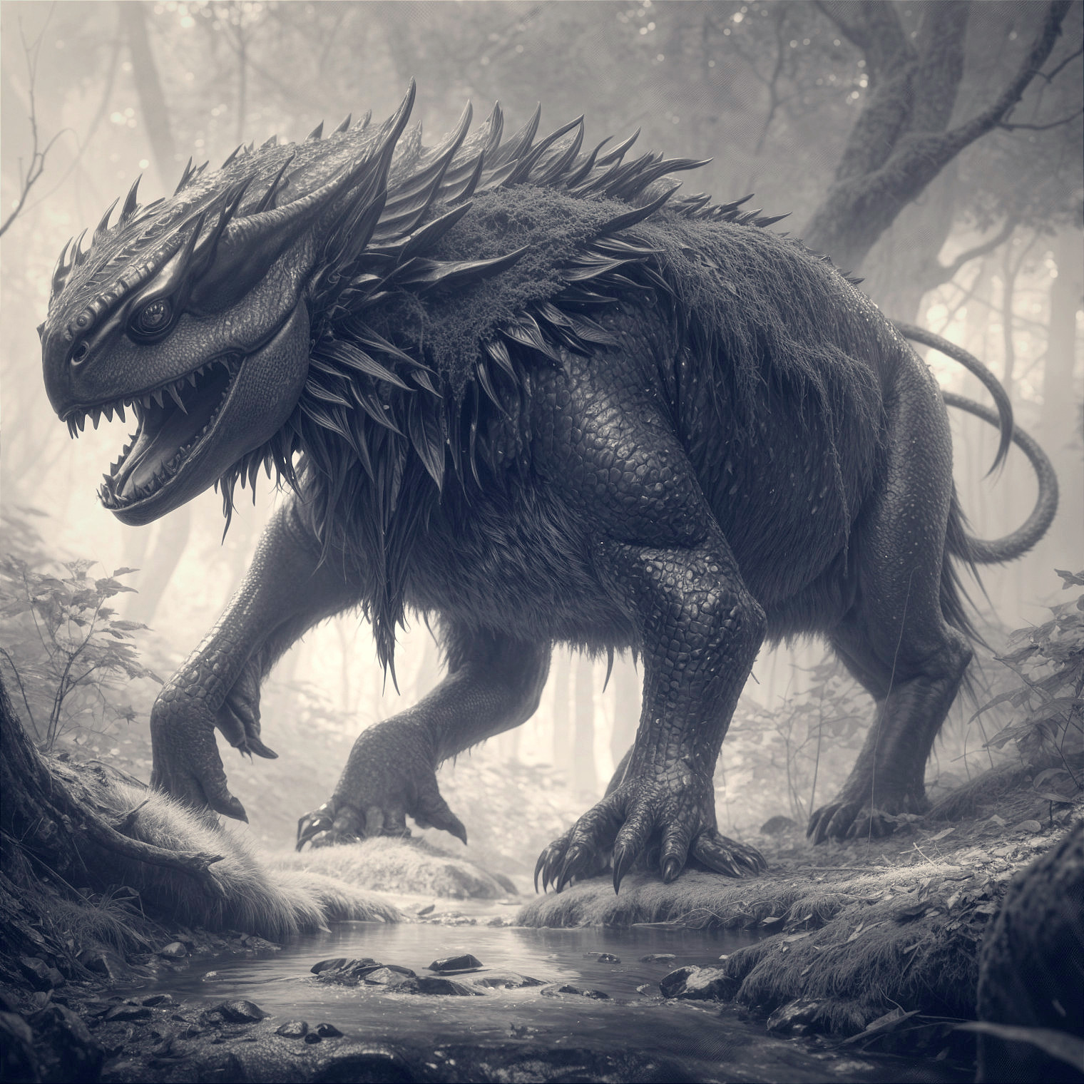 Fearsome Creature in Misty Forest Setting