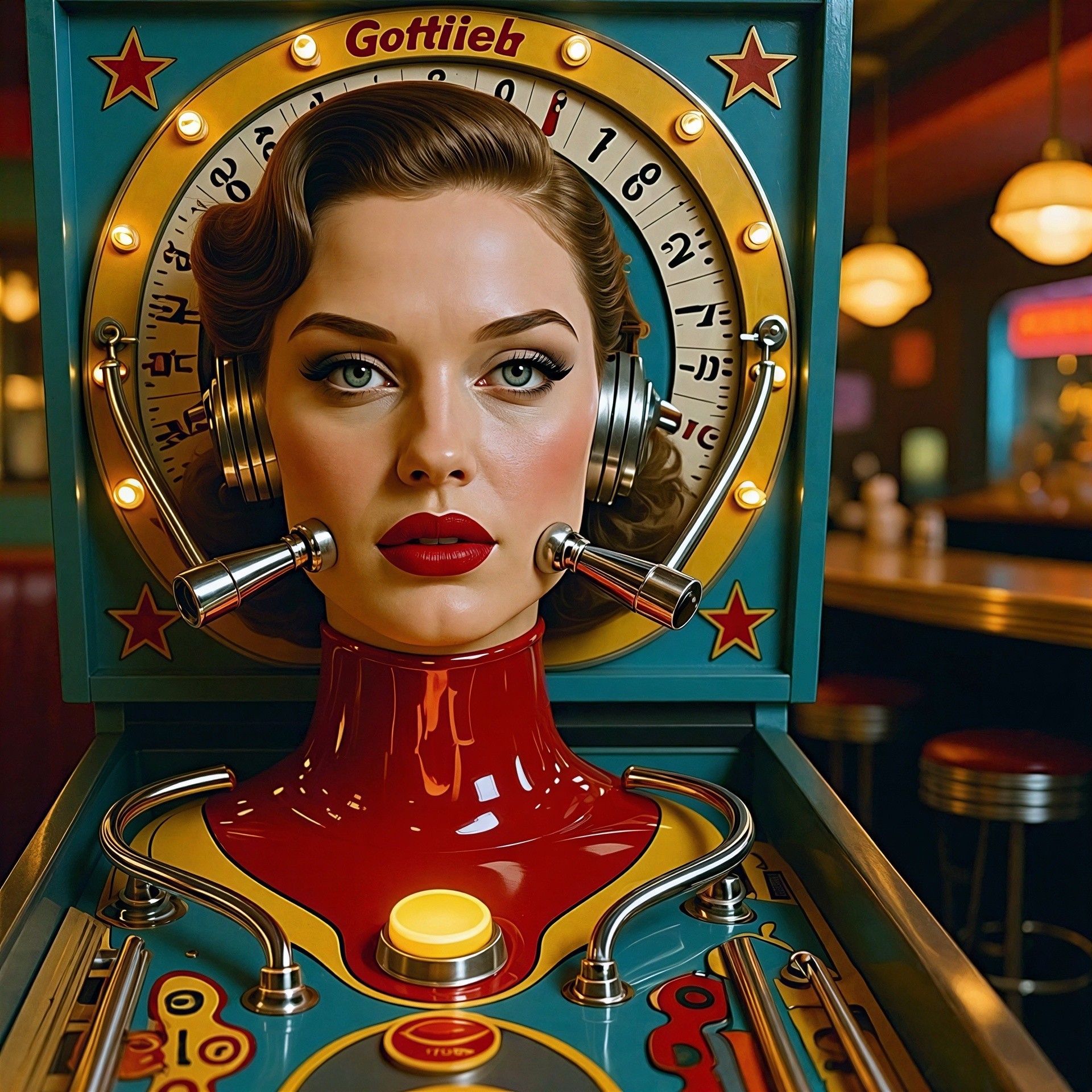 Vintage Pinball Machine with Photorealistic Female Head