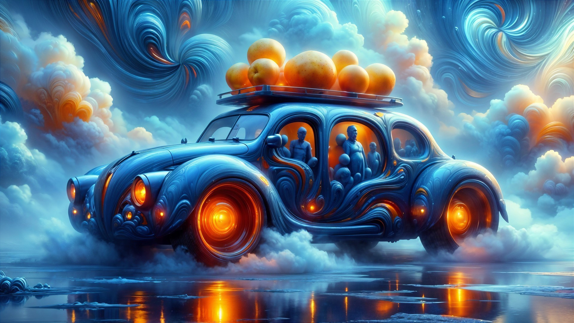 Surreal Car in Dreamlike Landscape with Vibrant Colors