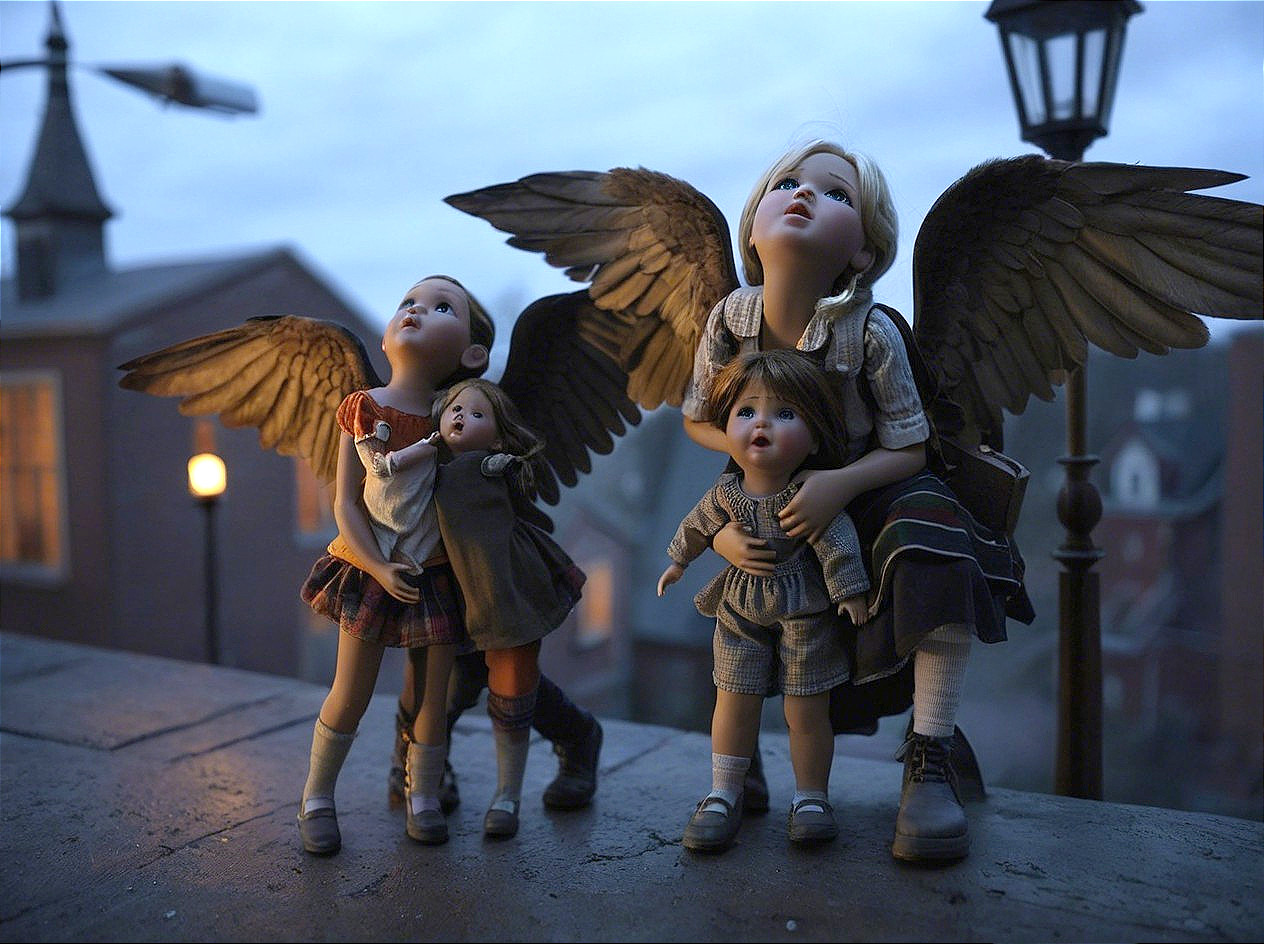 Whimsical Scene of Dolls with Feathered Wings at Twilight