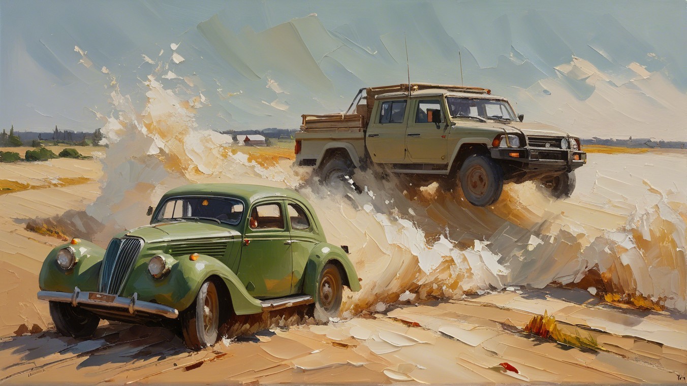 Classic Green Car and Rugged Beige Off-Road Vehicle in Desert
