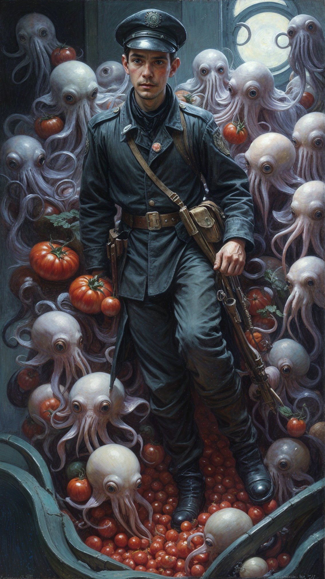 Young soldier in surreal tomato and octopus landscape