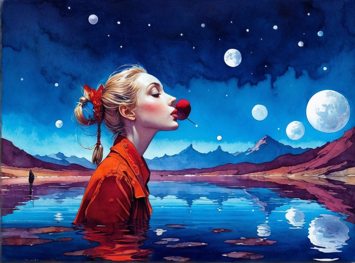 Surreal Landscape with Woman and Cherry on Lips