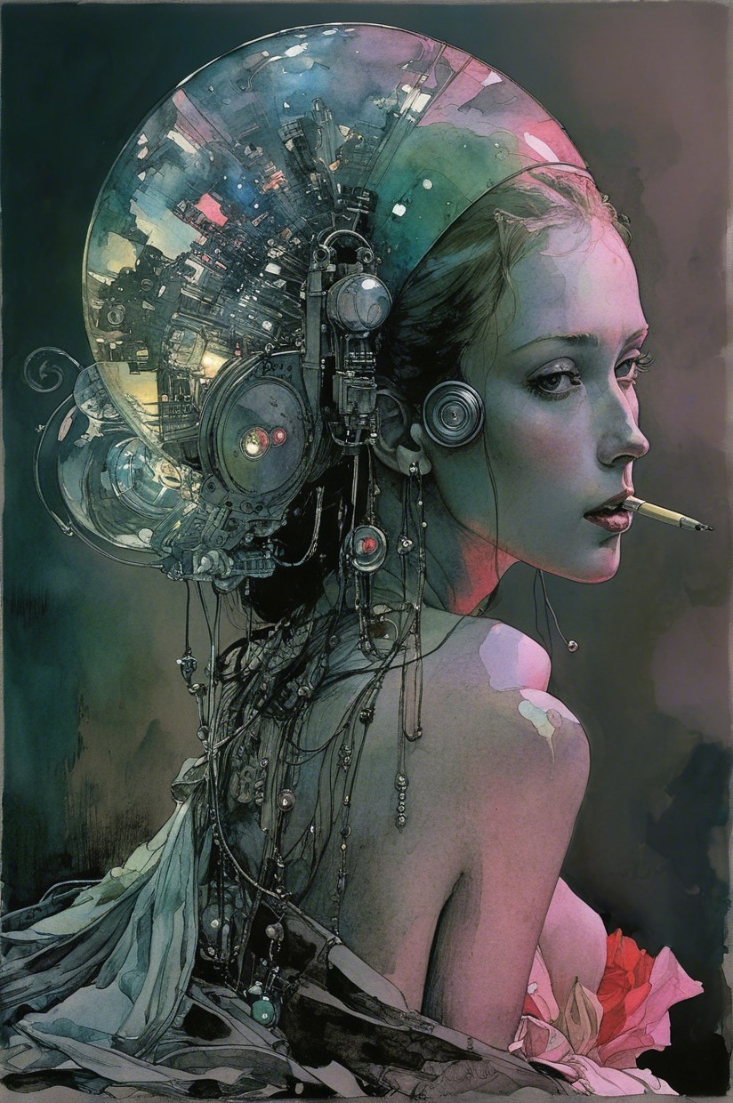 Futuristic Portrait of Woman with Cityscape Helmet