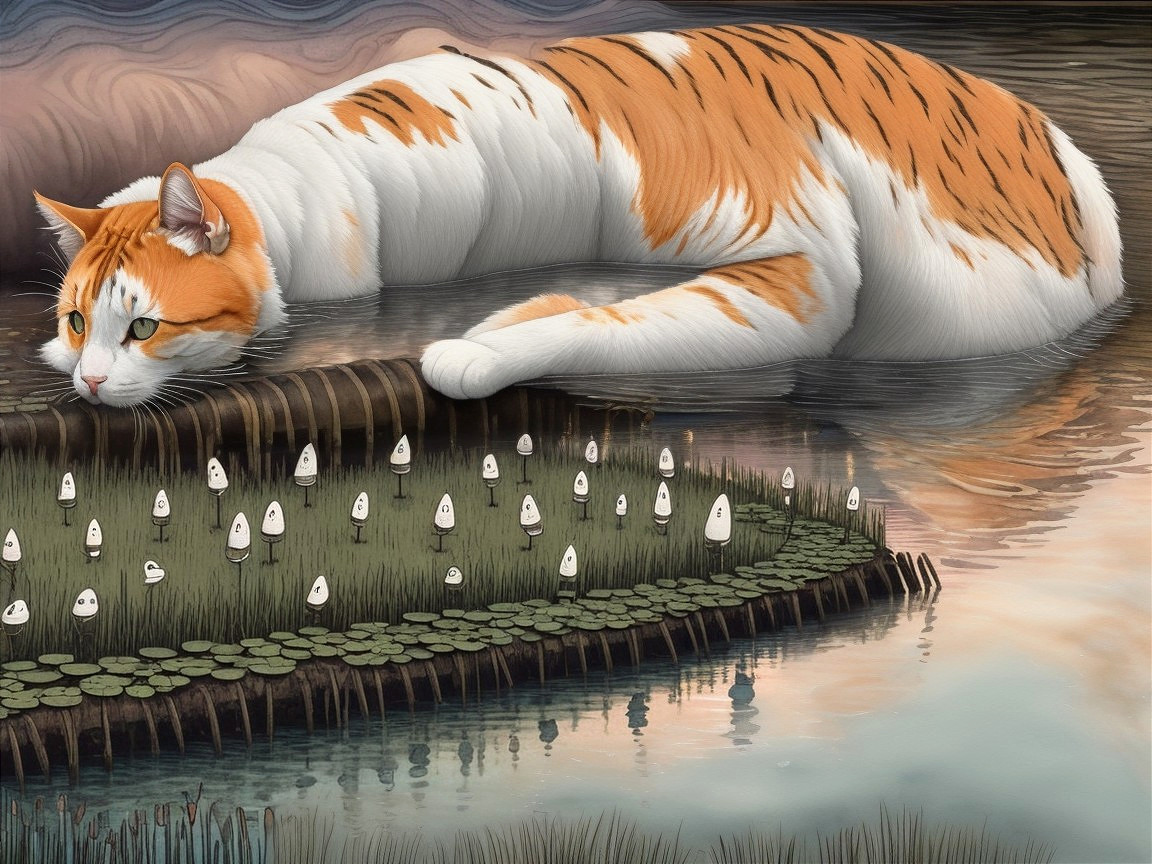 Large Orange and White Cat by Tranquil Pond Scene