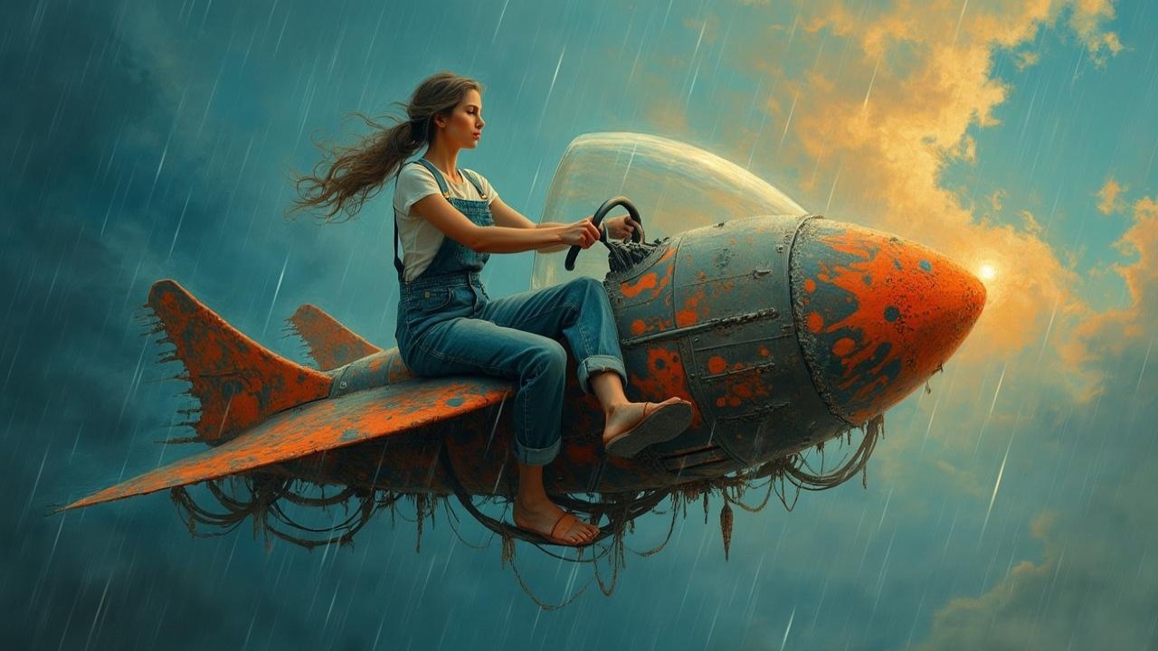 Young Woman on Retro-Futuristic Rocket in Dramatic Sky
