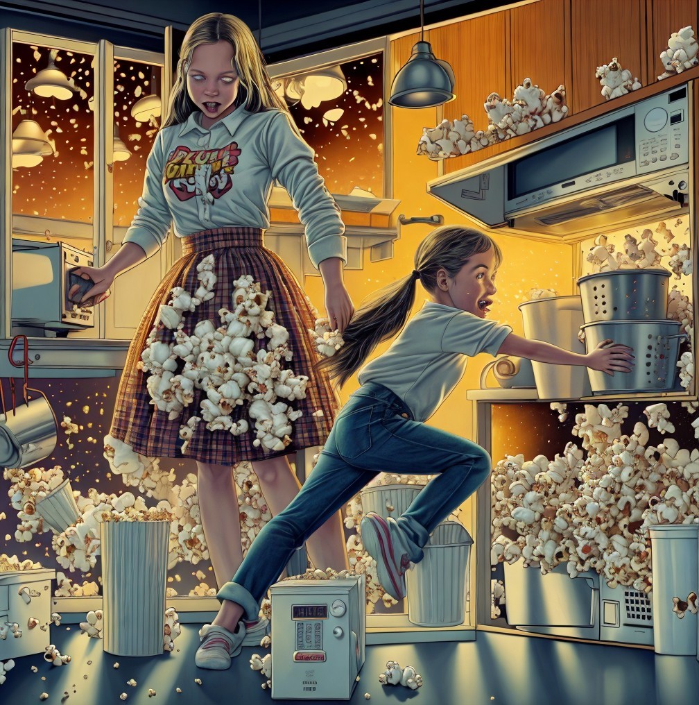 Whimsical Kitchen Scene with Two Girls and Popcorn Spill