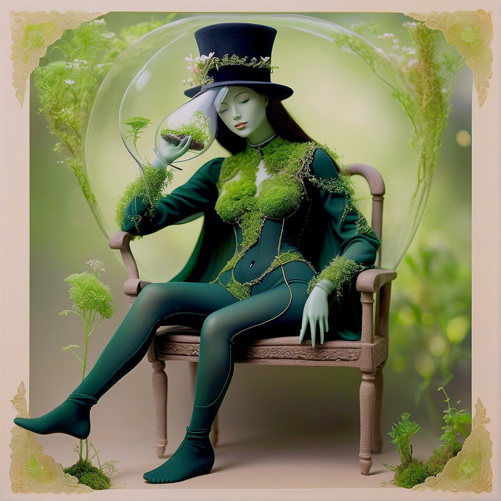 Whimsical Doll in Green Attire on Vintage Chair