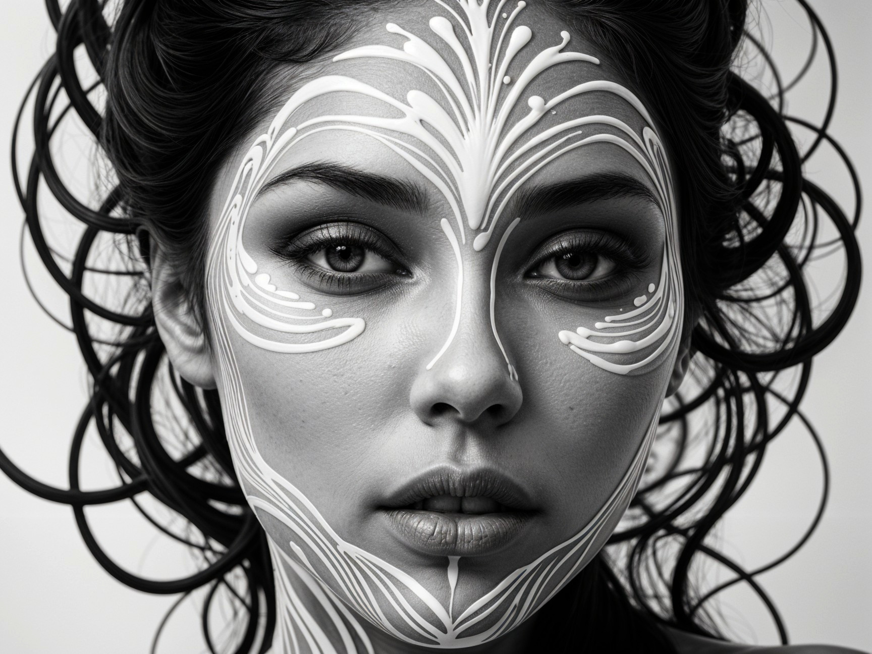 Black and white portrait of a woman with face paint