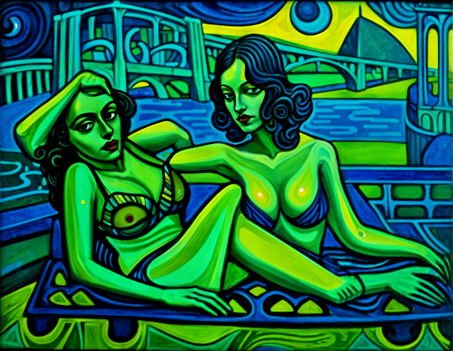 Stylized Figures in a Surreal Vibrant Landscape