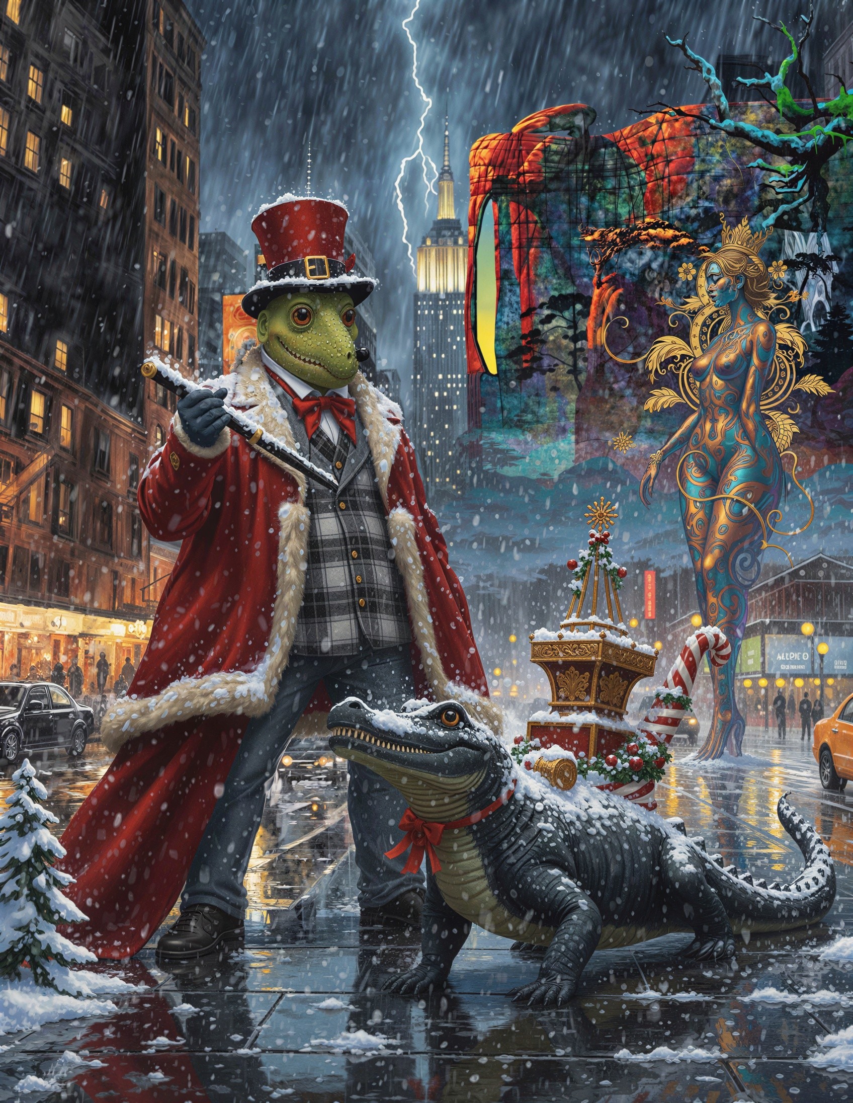 Victorian Alligator in Snowy Urban Landscape