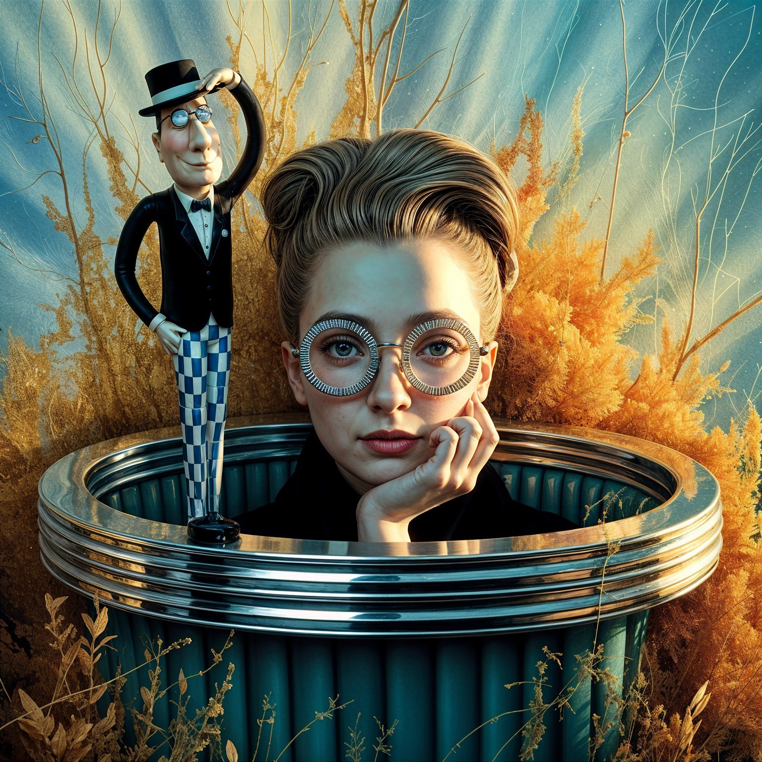 Woman in Glasses Contemplating in Ornate Trash Can